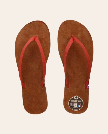 Paire de tong cuir minimaliste en cuir vue de de dessus. Made in France.